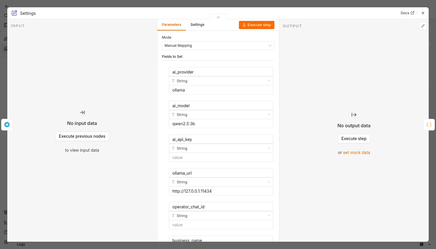 The Settings node in n8n: ai_provider set to ollama, ai_model qwen2.5:3b, the Ollama URL, and the operator chat id