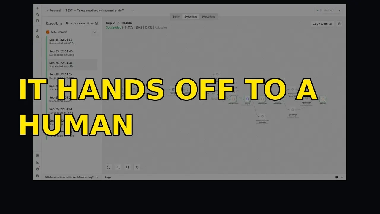 The video's thumbnail: IT HANDS OFF TO A HUMAN, over the n8n executions list